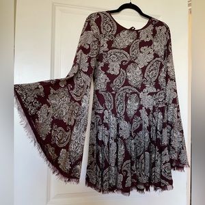 Urban Outfitters Ecote Sascha Bell Sleeve Mini Dress in Maroon Paisley